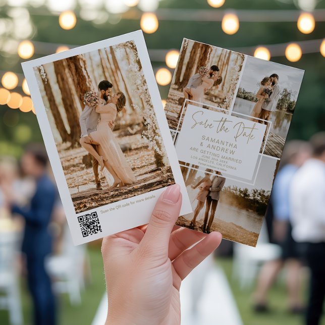 Moderne Minimale 4-Foto Gold QR Hochzeit Save The Date (Modern Minimal 4-Photo Gold QR Wedding Save The Date)