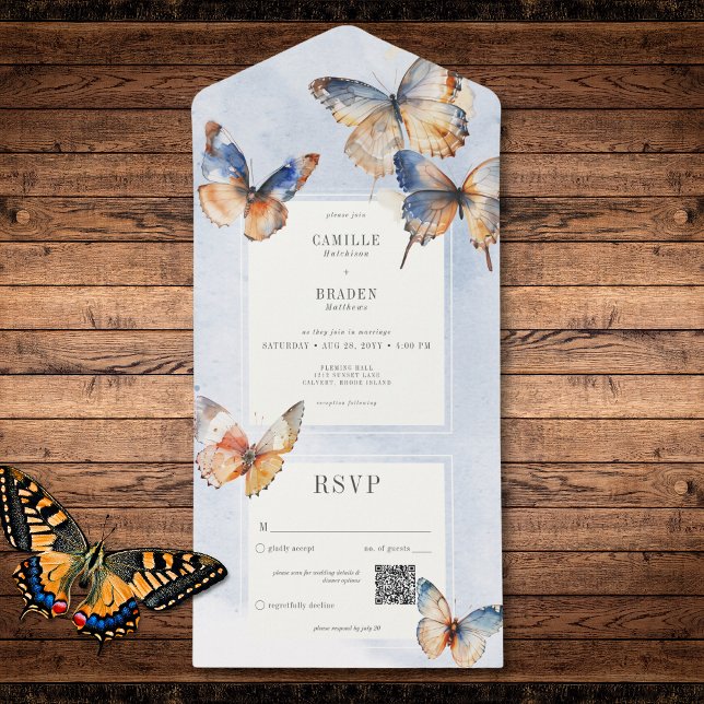 Moderne Minimale Blau und Rost Schmetterlinge QR-C All In One Einladung (Modern Minimal Blue & Rust Butterflies QR Code All In One Invitation)