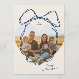 Moderne Minimale Blaue Schleife Herzförmiges Famil Feiertagskarte
