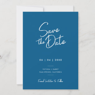 Moderne Minimale Blaue Schrift Foto Hochzeit Save The Date