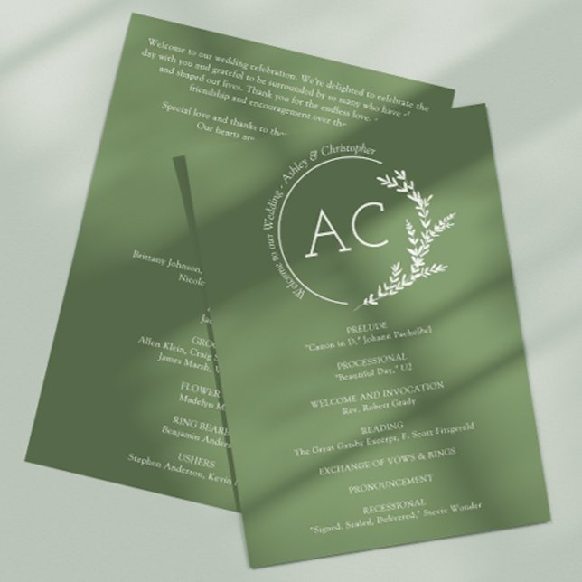 Moderne minimale Foliage Mute Olive Green Wedding Programm (Von Creator hochgeladen)