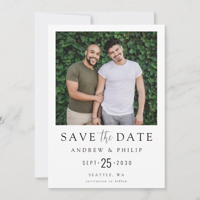 Moderne minimale Foto-LGBTQ Save the Date (Vorderseite)