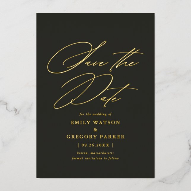 Moderne Minimale Kalligrafie-Hochzeit rettet das D Folieneinladung (Vorderseite)