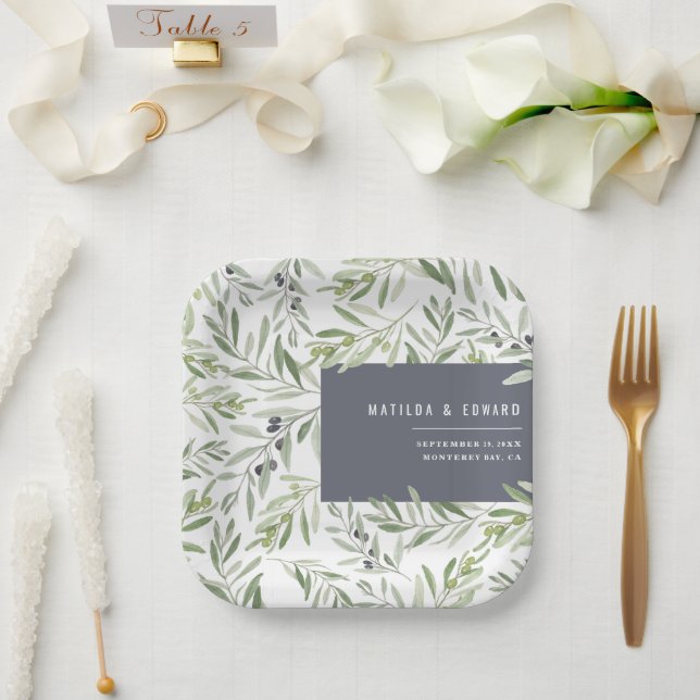 Moderne minimale Olivenzweig botanische Hochzeit Pappteller (Hochzeit)