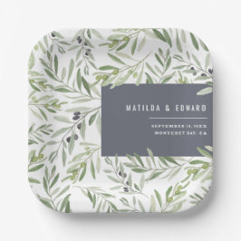 Moderne minimale Olivenzweig botanische Hochzeit Pappteller