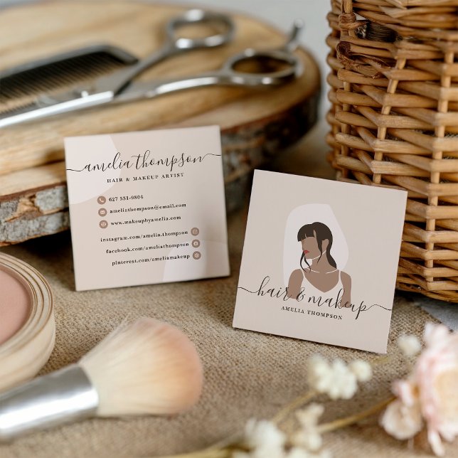 Moderne minimale Pastellschminke und Haardarstellu Quadratische Visitenkarte (Modern minimal pastel makeup and hair illustration)