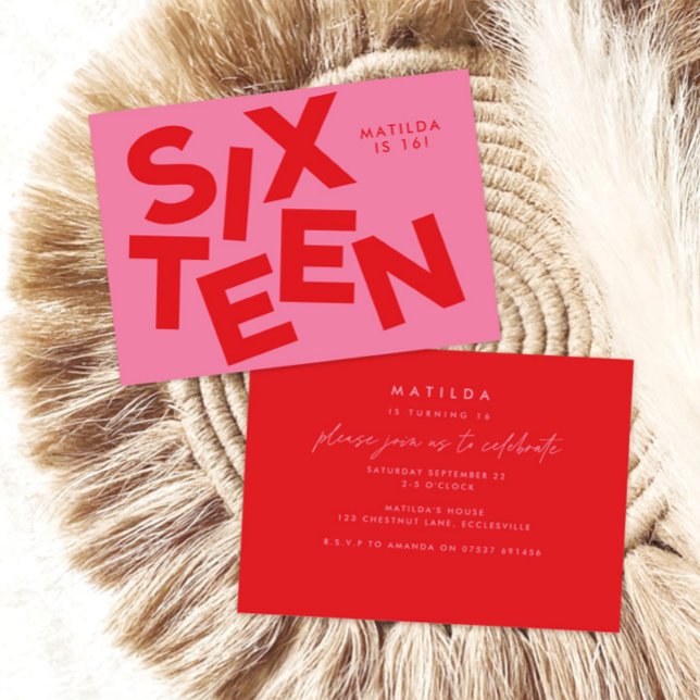 Moderne minimale rosa + rote Typografie 16. Geburt Einladung (Von Creator hochgeladen)