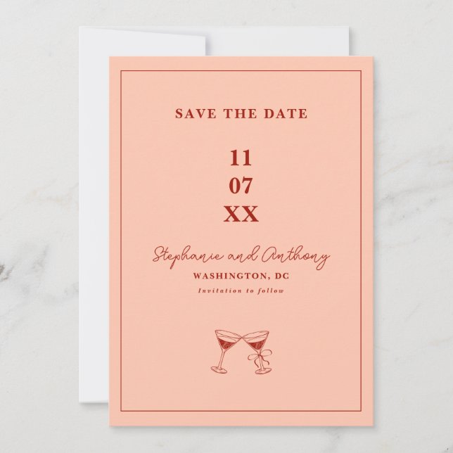 Moderne Minimale Rot- und Korallenwand-Hochzeit Save The Date (Vorderseite)