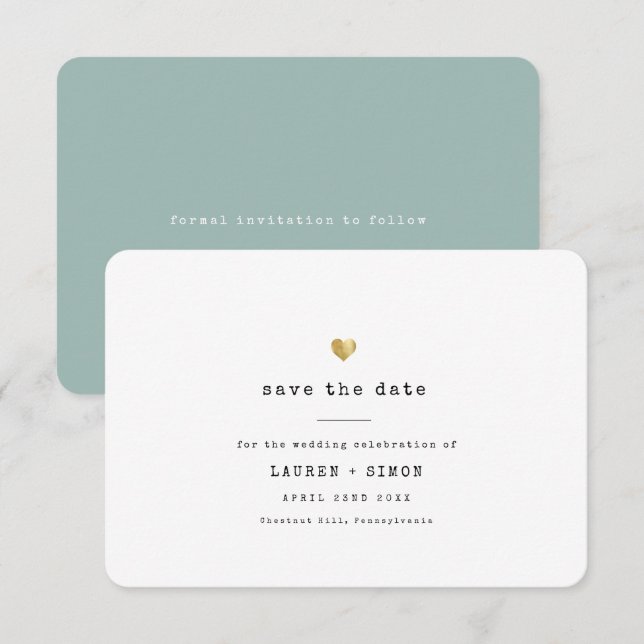 Moderne Minimale Schreibmaschine Gold Heart Weddin Save The Date (Vorne/Hinten)