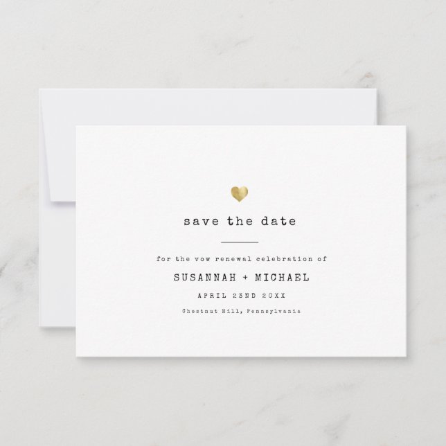 Moderne Minimale Schreibmaschine Gold Herz-Wind Er Save The Date (Vorderseite)