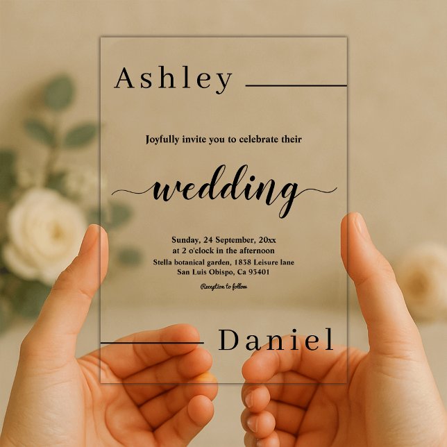 Moderne, minimale Schwarz-Weiß-Hochzeit Acryleinladungen (Von Creator hochgeladen)