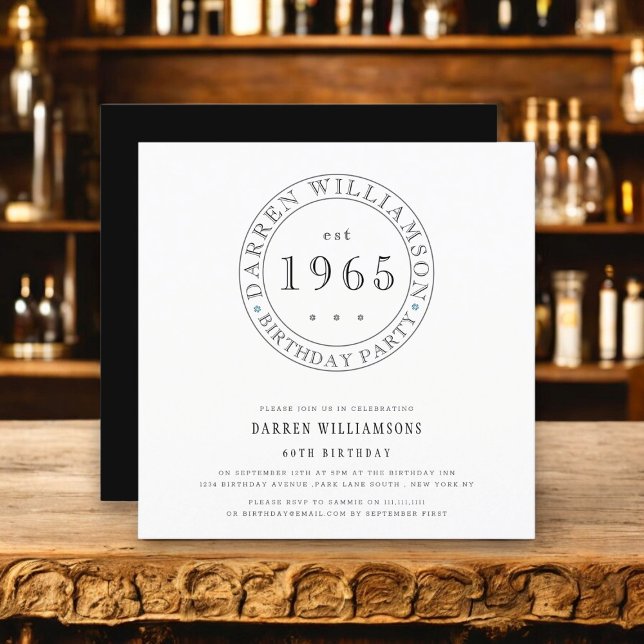 Moderne minimale Schwarz-weiße Männer 60. Geburtst Einladung (minimal black and white tipography design filly customizable to suite your needs ,men 60th birthday )