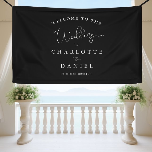 Moderne, minimale, schwarze Hochzeit Banner (Modern, minimal, black, wedding banner. Elegant with handwriting typography.)