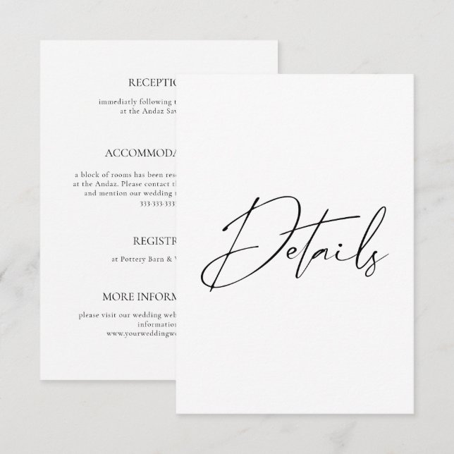 Moderne minimale Skriptkalligrafie-Hochzeitdetails Begleitkarte (Vorne/Hinten)