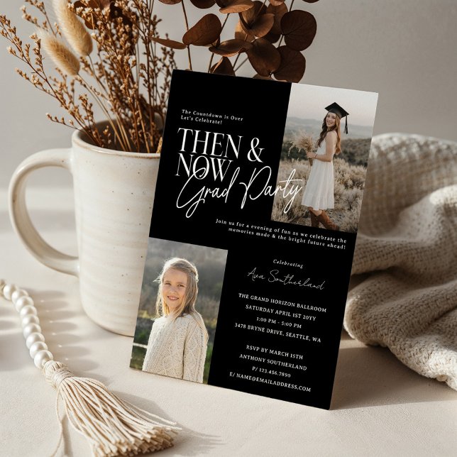 Moderne minimale "Then & Now Graduation Party Foto Einladung (Modern Minimal Then & Now Graduation Party Photos Black Invitation)