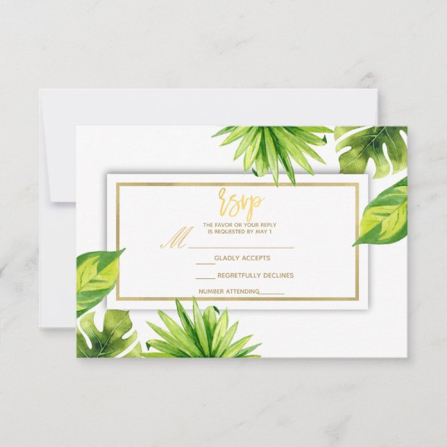 Moderne minimale tropische grüne Blätter Hochzeit  RSVP Karte (Vorderseite)