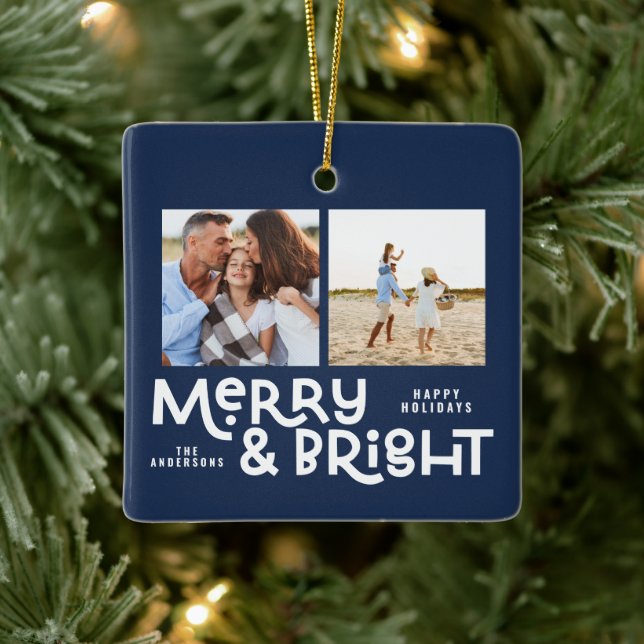 Moderne minimale Typografie 2 Foto Weihnachten Keramikornament (Baum)