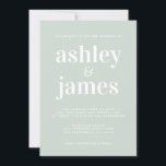 Moderne Minimale Typografie Pastel Green Wedding Einladung<br><div class="desc">Die minimale, moderne und elegante Einladung zur Hochzeit bietet eine weiße, stilvolle Typografie auf einem milden grünen Hintergrund. Fügen Sie einfach Ihre Hochzeitsdetails hinzu. Exklusiv für Sie entworfen von Happy Dolphin Studio. Wenn Sie Hilfe oder passende Produkte benötigen, kontaktieren Sie uns bitte über unseren Chat. Wir helfen Ihnen gerne, Ihre...</div>
