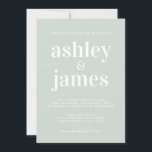 Moderne Minimale Typografie Pastel Green Wedding Einladung<br><div class="desc">Die minimale, moderne und elegante Einladung zur Hochzeit bietet eine weiße, stilvolle Typografie auf einem milden grünen Hintergrund. Fügen Sie einfach Ihre Hochzeitsdetails hinzu. Exklusiv für Sie entworfen von Happy Dolphin Studio. Wenn Sie Hilfe oder passende Produkte benötigen, kontaktieren Sie uns bitte über unseren Chat. Wir helfen Ihnen gerne, Ihre...</div>