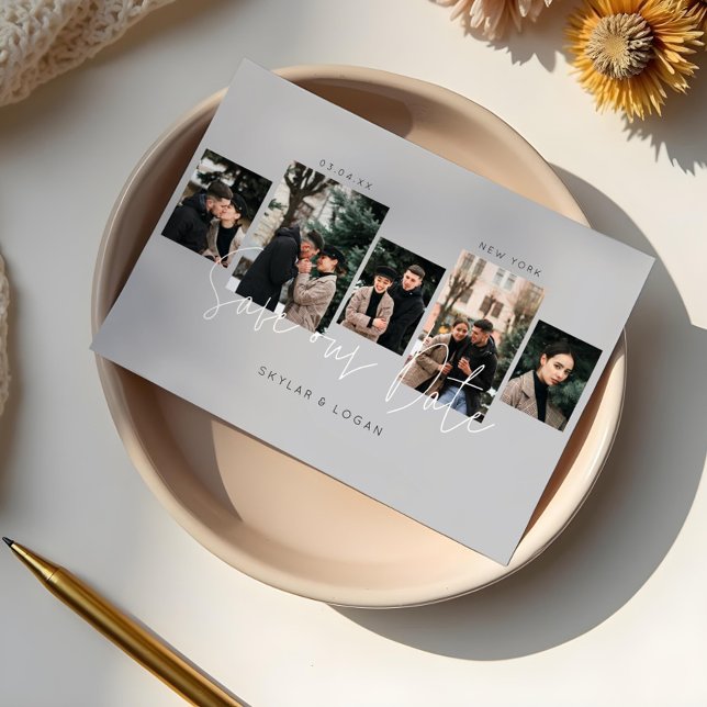 Moderne minimale typografische Fotocollage grau Save The Date (Modern Minimal Typographic Photo Collage Grey Save The Date)