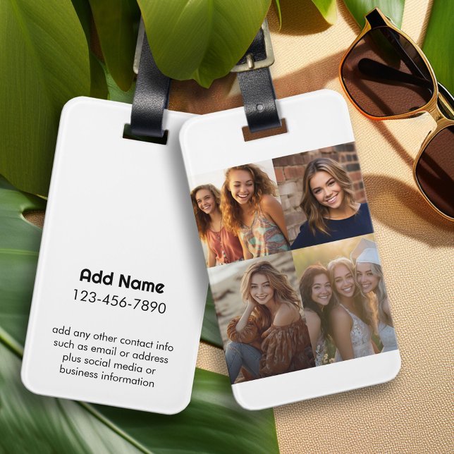 Moderne minimale weiße 4-FotoCollage mit Kontakt Gepäckanhänger (Custom Photo Collage Luggage Tag)