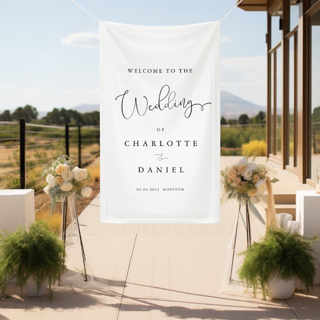 Moderne, minimale, weiße Hochzeit Banner (Modern, minimal, white, wedding banner. Elegant with handwriting typography.)