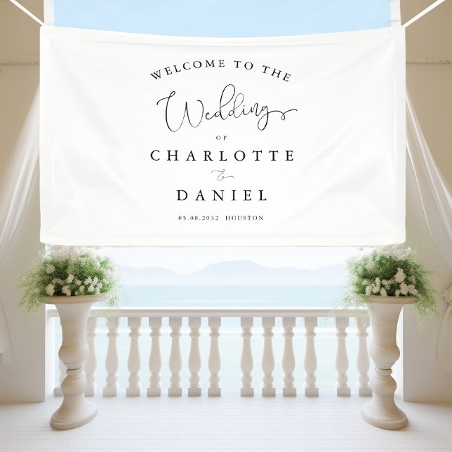 Moderne, minimale, weiße Hochzeit Banner (Modern, minimal, white, wedding banner. Elegant with handwriting typography.)