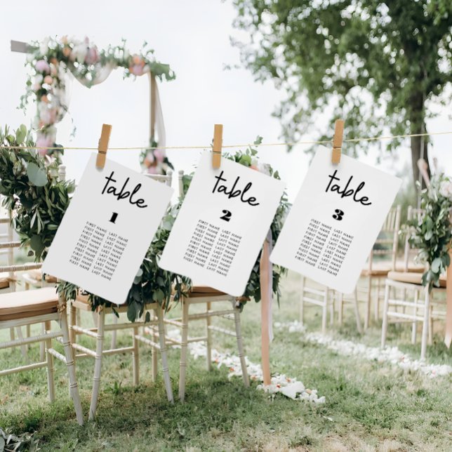 Moderne, minimale weiße Hochzeitskarten Tischnummer (wedding seating chart cards)
