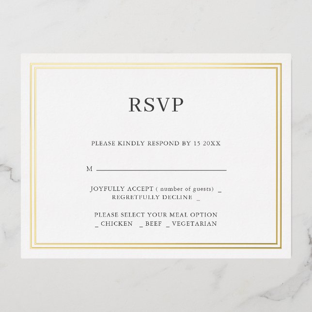 Moderne Minimalisrt Wedding RSVP Foil Einladung (Vorderseite)
