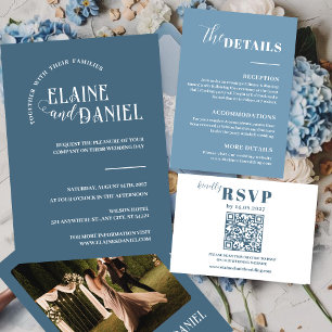 Moderne Minimalistisch-blaue Foto-Hochzeit Einladung