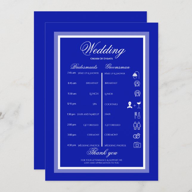 Moderne, minimalistisch-blaue und weiße Hochzeit Programm (Vorne/Hinten)