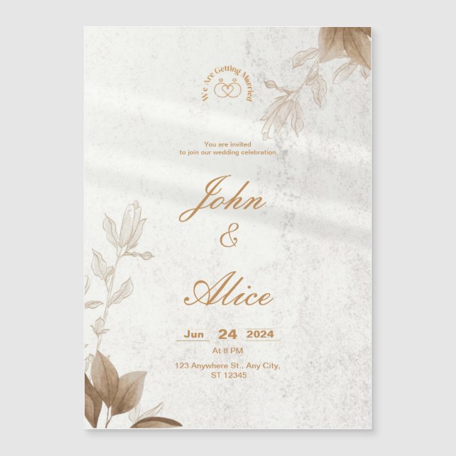 Moderne Minimalistisch-braune Blumenhochzeit Magneteinladung (Vorderseite)