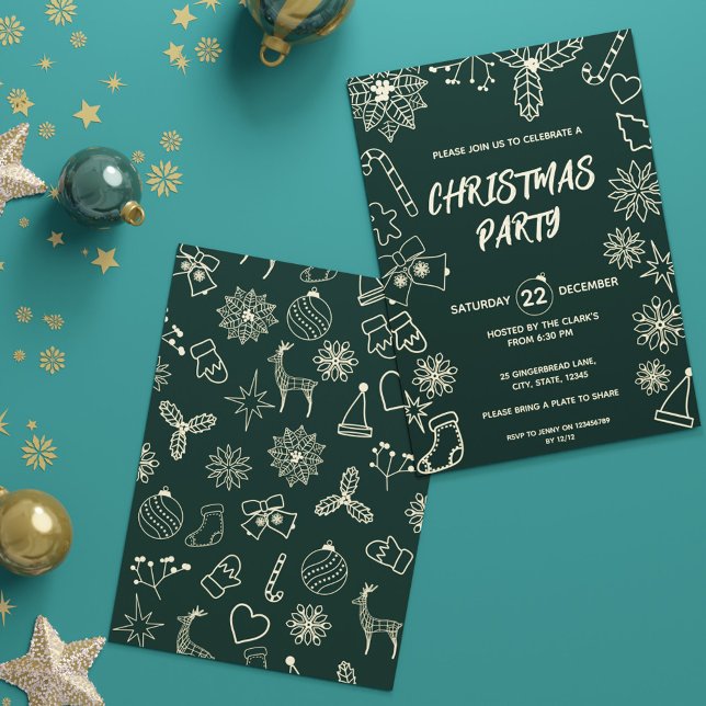 Moderne Minimalistisch dunkelgrüne und goldene Wei Einladung (Modern Minimalist Dark Green and Gold Elegant Xmas Invitation)