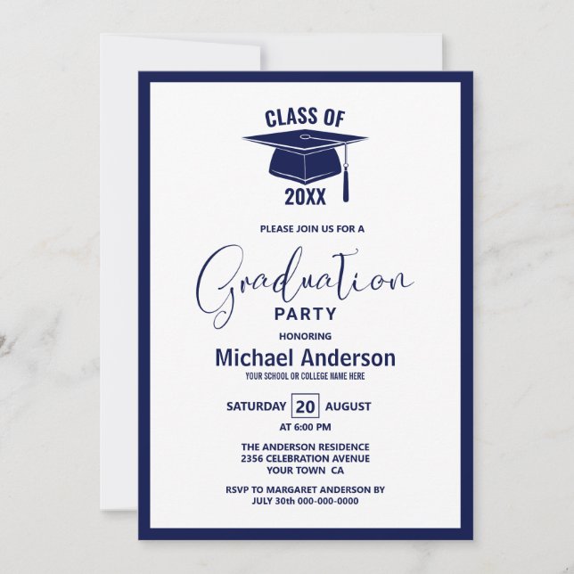 Moderne Minimalistisch Navy Blue Graduation Party Einladung (Vorderseite)
