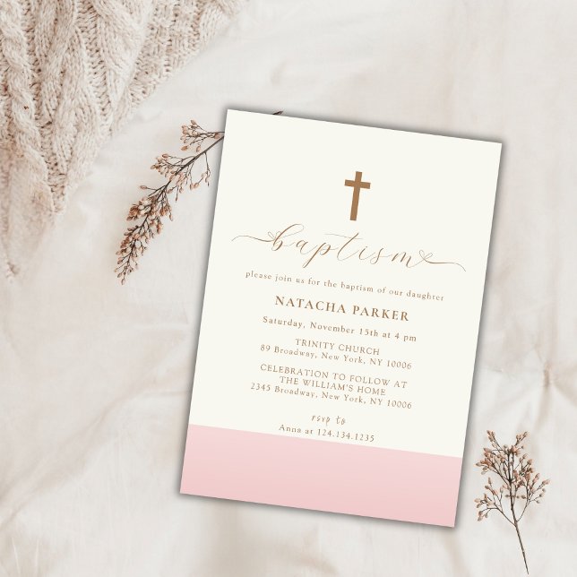 Moderne Minimalistisch-rosa-Goldkreuztaufe Einladung (Modern Minimalist Pink Gold Cross Baptism Invitation)