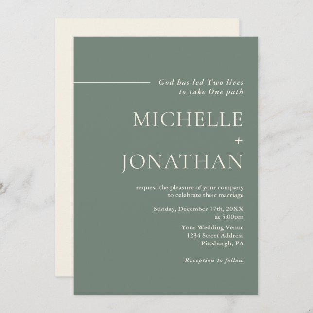 Moderne Minimalistisch Sage Green Christlich Weddi Einladung (Vorne/Hinten)