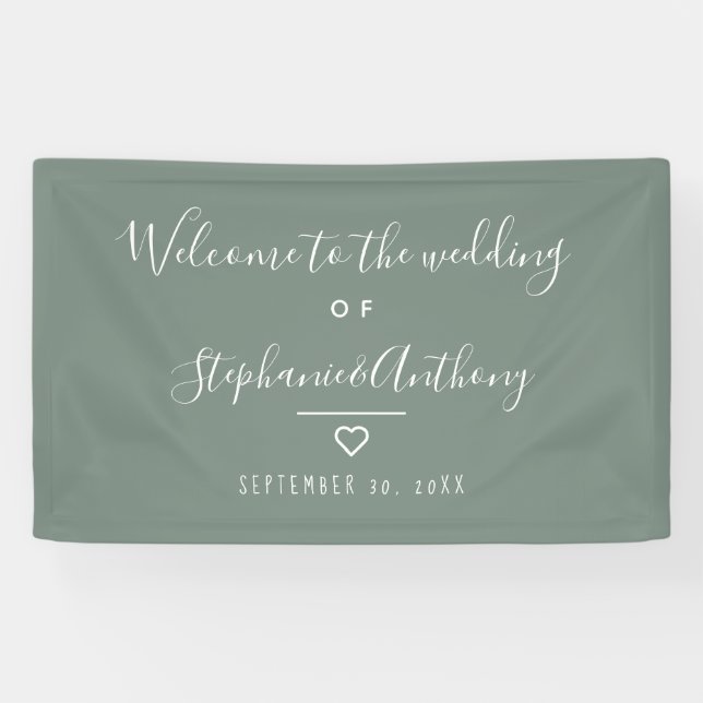 Moderne Minimalistisch Sage Green Heart Wedding Banner (Horizontal)