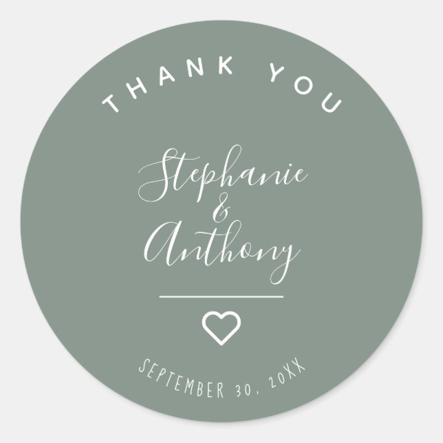 Moderne Minimalistisch Sage Green Heart Wedding Runder Aufkleber (Vorderseite)