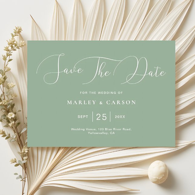 Moderne Minimalistisch Sage Green Script Hochzeit Save The Date (Von Creator hochgeladen)