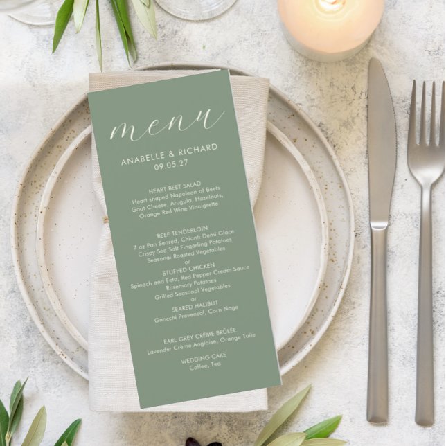 Moderne Minimalistisch Sage Green Wedding Menükarte (Von Creator hochgeladen)
