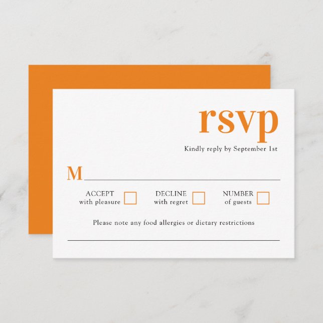 Moderne, Minimalistisch trendy Orange Wedding RSVP (Vorne/Hinten)