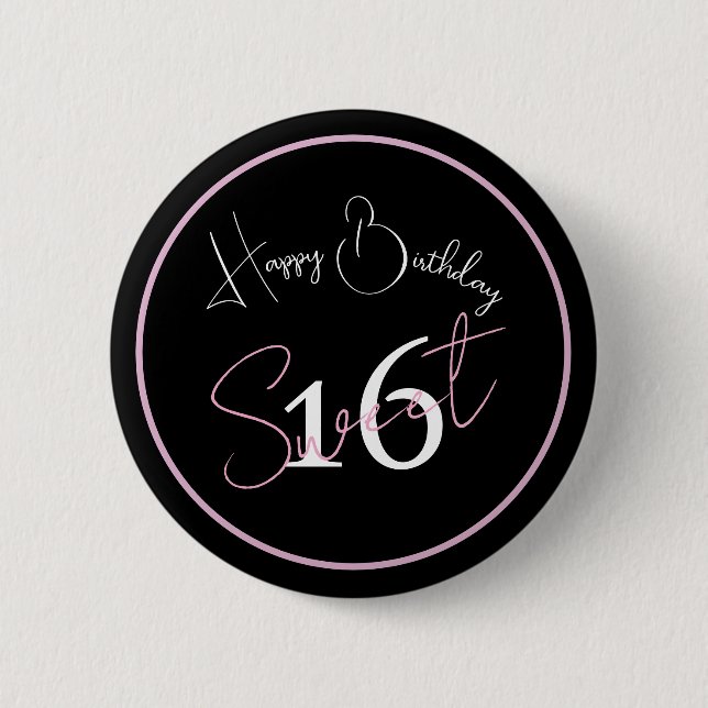 Moderne Minimalistische 16. Schwarze Pinke Geburts Button (Vorderseite)