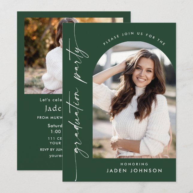 Moderne Minimalistische 2-FOTO-Graduierungspartei Einladung (Vorne/Hinten)