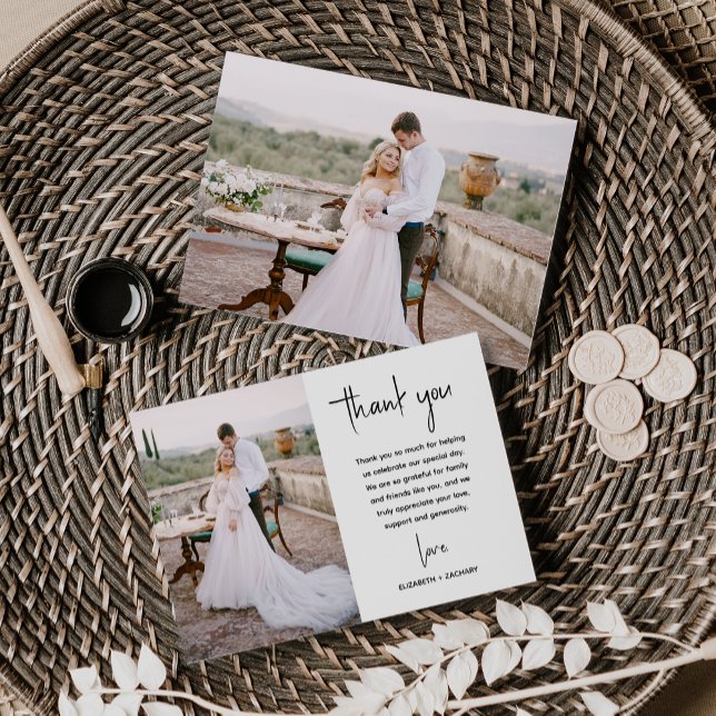 Moderne Minimalistische 2-Foto-Script-Hochzeit Dankeskarte (Von Creator hochgeladen)
