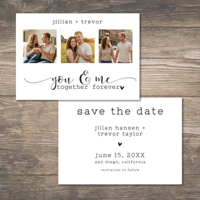 Moderne minimalistische 3-Foto-Script-Collage-Hoch Save The Date (Modern Minimalist 3 Photo Script Collage Wedding Save The Date)