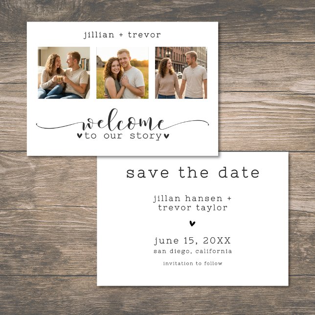 Moderne Minimalistische 3-Foto-Script-Collage-Hoch Save The Date (Modern Minimalist 3 Photo Script Collage Wedding Save The Date)