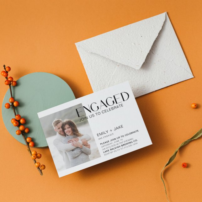 Moderne Minimalistische 3-Foto-Verlobung Schwarz/W Einladung (Engaged & Excited! Join Us for the Party 🥂💍 [Personalize Here])