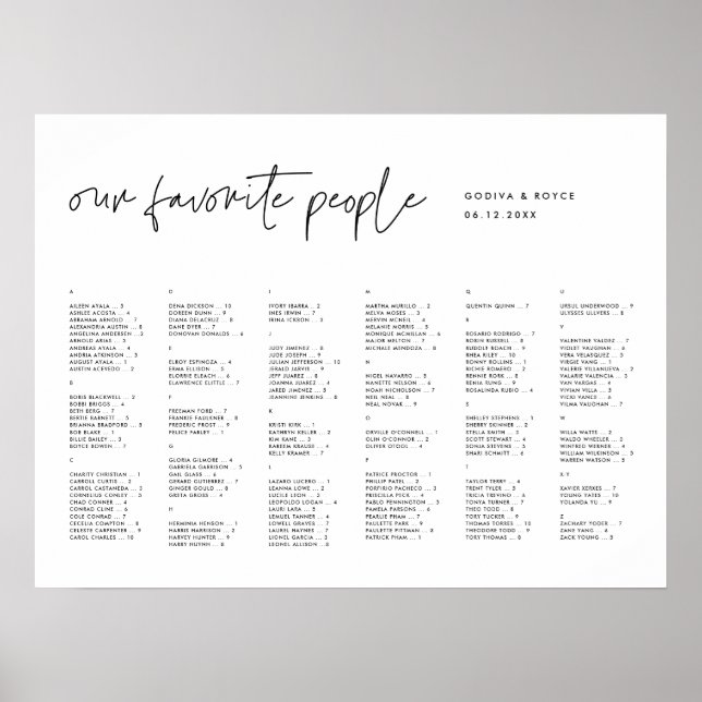 Moderne Minimalistische Alphabetische Sitzordnung Poster (Vorne)