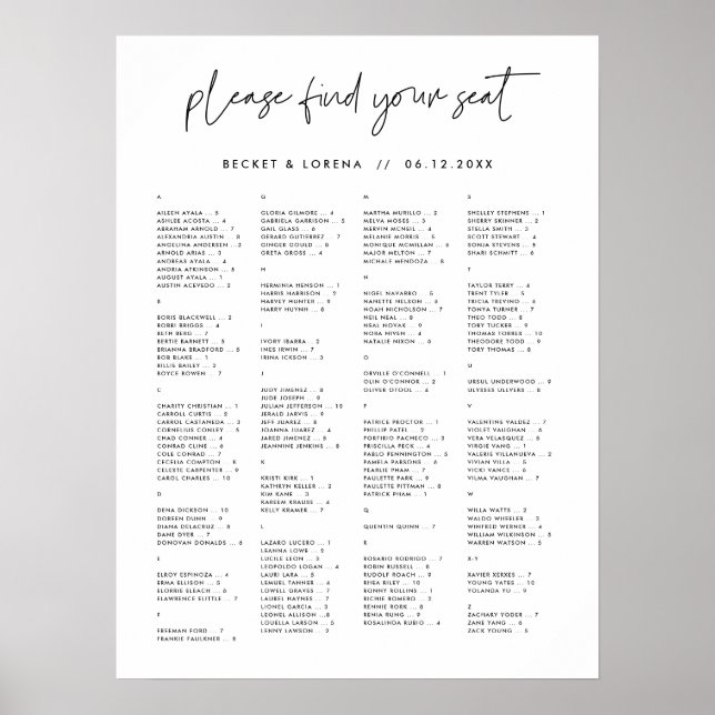 Moderne Minimalistische Alphabetische Sitzordnung Poster (Vorne)