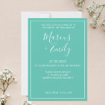Moderne Minimalistische Aqua & White Wedding Einla Einladung<br><div class="desc">Hübsch,  modern,  minimalistisch und trendig präsentiert sich die Hochzeitseinladung mit einem aquablauen Hintergrund (Pantone's 2022 Farbauswahl "Cascade") mit weißen,  anpassbaren Textblöcken in modernen Schriftart</div>